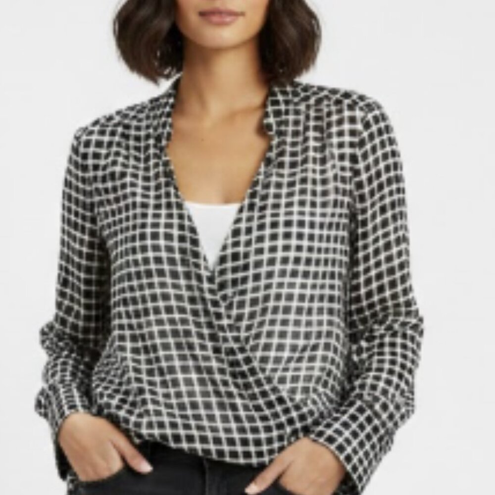 Frank Lyman size 14‎ Black White Plaid Layered High Low Long Sleeve Blouse